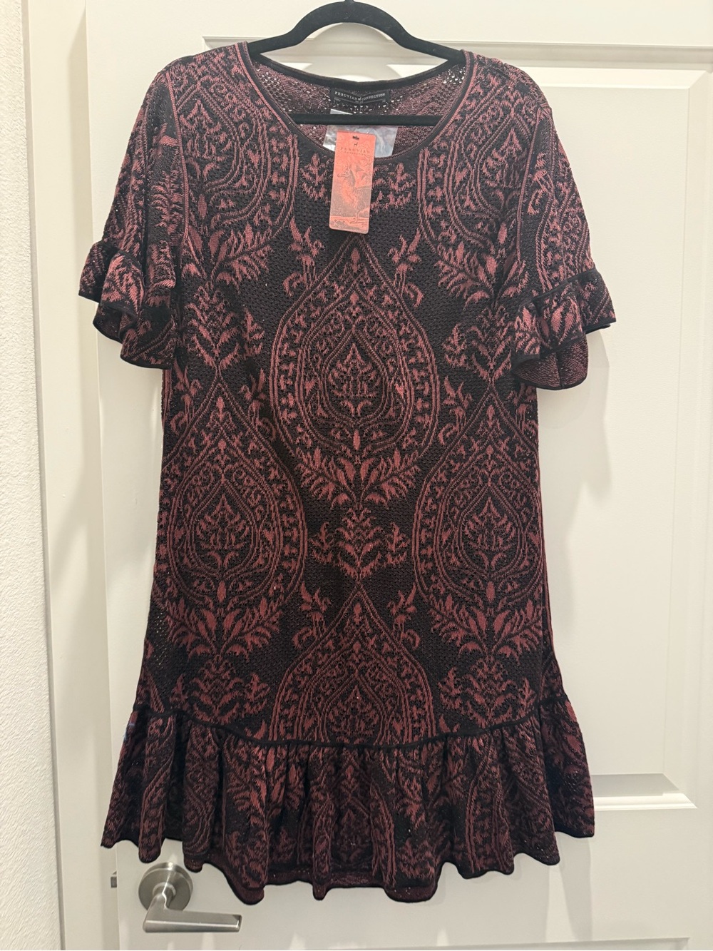 Peruvian Connection Black and Pink Paisley Knit Ruffle Dress